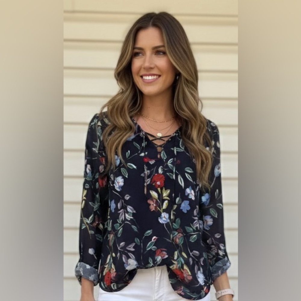 Ecru Navy Floral Lace Up Split Back Long Sleeve Blouse Size S (see measurements)